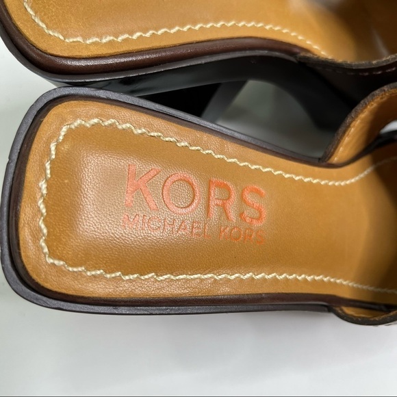 KORS Michael Kors Brown Leather 70s Retro Geometric Cut-out Platform Sandals - Picture 3 of 16